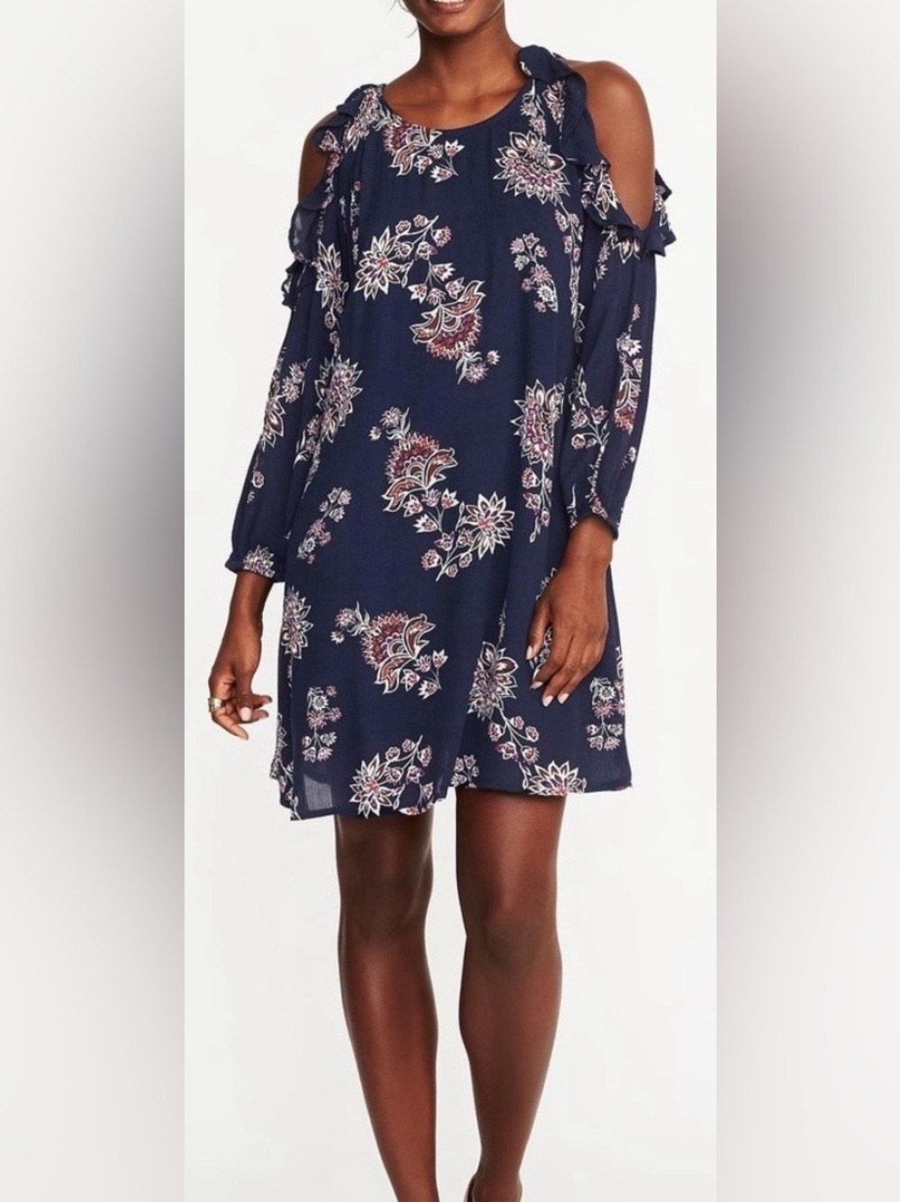 OLD NAVY Midi floral dress gauzy long sleeve cold shoulder navy blue NEW size L